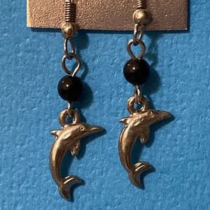 Vintage 90s metal Dolphin dark bead earrings